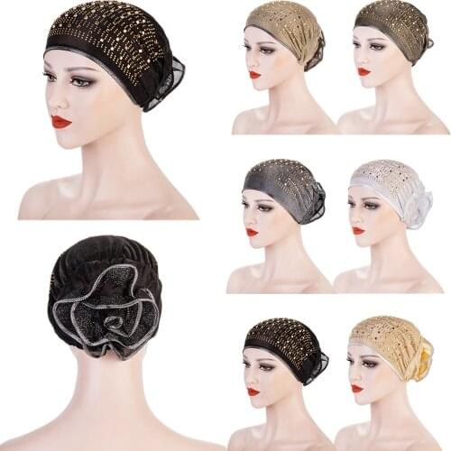 New Fashion Women Lace Flower Beanie Hat Bonnet Chemo Cap Muslim Scarf Hijab Islamic Turban Beanie Hats Rhinestone Bandanas Hat