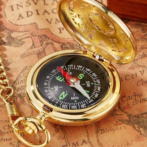 New Arrival Compass Gold Brown Retro Hollow Quartz Pocket Watch Fob Pendant Gift Chain
