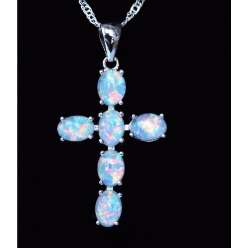Cool Christian Cross Design White / Blue Fire Opal Pendant Necklace