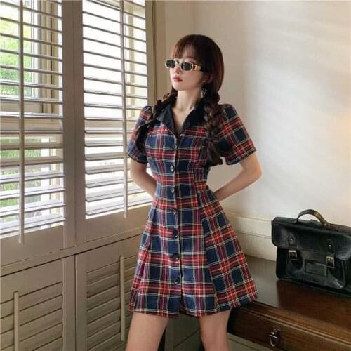 Preppy Style Dress Women Summer Korean Fashion Plaid Button Turn-down Collar A-Line Mini Dress Short Sleeve Vintage Dress