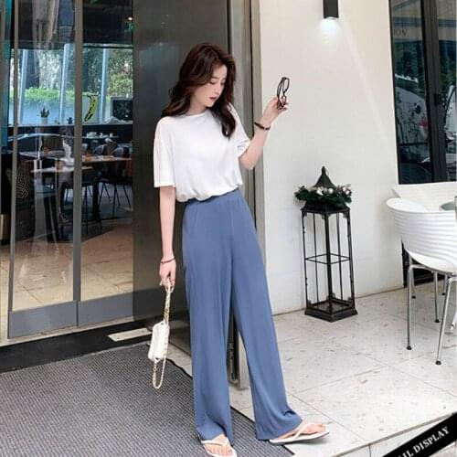 Khaki Casual Pants Capri Streetwear 2021 Summer Ice Silk Womens Pants High Waist Wide Leg Trousers Female Stacked Loose Beige