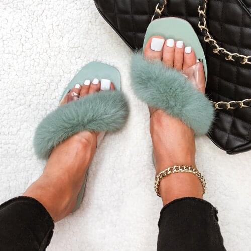 Fluffy Flip Flops Real Rabbit Fur Slippers Furry Fur Slides Cross Strap Transparent Flat Sandals Square Toe Fashion Shoes Women