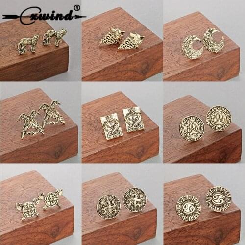 Cxwind Norse Viking Ear Stud Bird Cat Wolf in Rune Circle Paw Studs Earring Jewelry constellation Earrings Post for women man