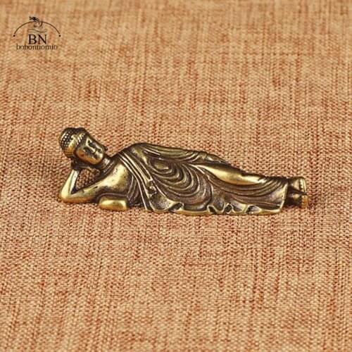 Solid Pure Brass Buddha Small Ornament Figurines Antique Copper Guanyin Sleeping Buddha Statue Desk Decorations Home Decor Craft