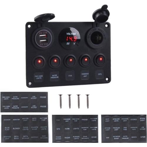 Dual USB Socket Charger LED Voltmeter 12V Power Outlet 5 Gang ON-OFF Toggle Switch Panel for Car Boat Marine RV Truck