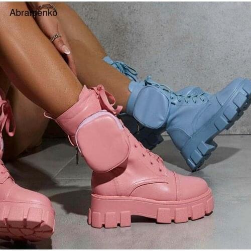 Womens Boots Pocket Lace Up Ladies Motorcycles Boots Female Combat Runway Buckle Strap Zipper Ankle Boot Woman Platform Shoes