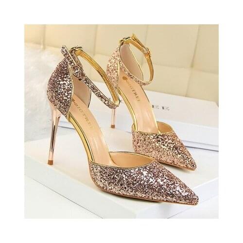 2020 New Sequined Cloth Woman Sandals Sexy Pointed Toe Thin High Heels 7.5/9.5CM Brida Shoes Female Fashion Hollow Sandals Shoes