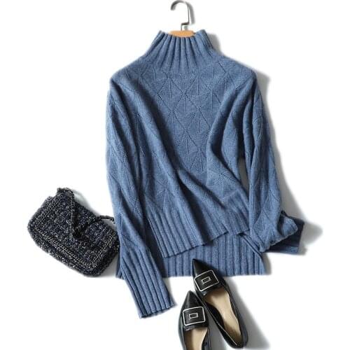 High quality 100% cashmere turtleneck sweater womens fashion knitted argyle pullovers female large size european brand knitwear