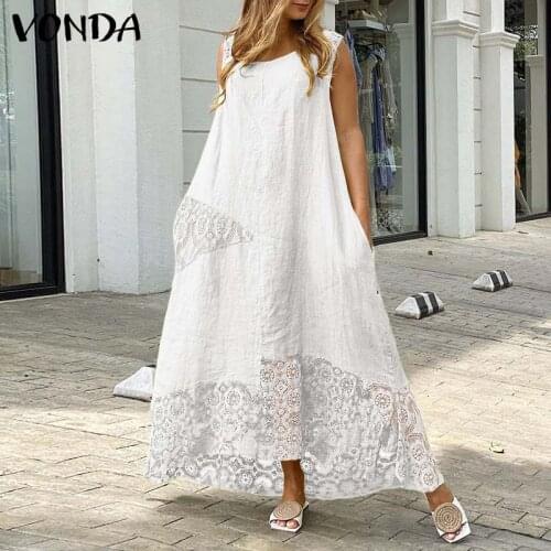 WomenSummer Sundress 2021 VONDA Vintage Lace Patchwork Asymmetric Party Dress Beach Dresses Bohemian Vestidos Robe