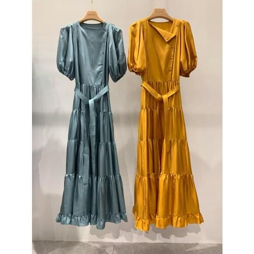 High 2021SS Summer Quality Women Luxury Silk Long Fashion Dresses 2 Color For Female Gdnz 5.08