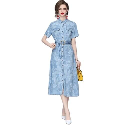 M-2XL temperament denim dress 2021 new slim dress short sleeve printed denim dress Korean fashion womens clothing