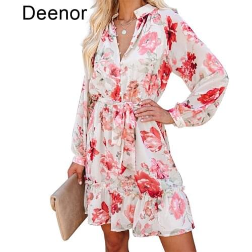 Deenor Printed Ruffle Dress for Women Casual V-neck Button Lace Up Long Sleeve Dress Autumn Sexy Printed Dresses for Women