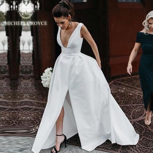 Michelle Royce A-Ling Wedding Dresses 2020 Sexy Deep V-neck Sleeveless Empire Backless Chapel Train Bridal Gown Vestido De Noiva