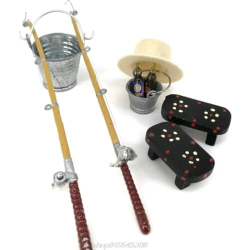 1/12 Dollhouse Miniature Fishing Rod Hat Bucket Stool Model Doll Life Scene Doll House Decoration F05 21 Dropshipping