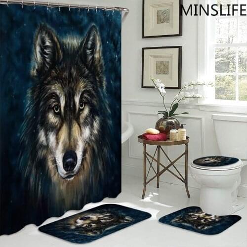 3D Printing Wolf Head Style Waterproof Shower CurtainS Set Pedestal Rug Toilet Cover Bath Mat Bathroom Decor With 12pcs Hooks