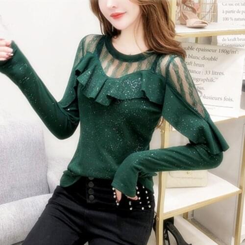 #5635 Black Red Green Sexy T Shirt Women Spliced Mesh Basic Tshirt Female Ruffles Stretch Slim Womens Tee Shirts Hollow Out 3XL