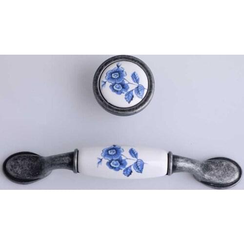 96mm retro rural blue flower ceramic kitchen cabinet wine cabinet handle antique iron cupboard drawer shoe cabient knob pull