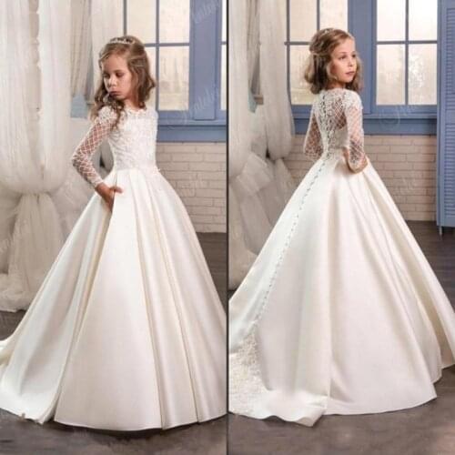 White Lace Applique Long Sleeve Satin Flower Girl Dresses For Wedding Special Occasion Dress Girls First Communion Dresses
