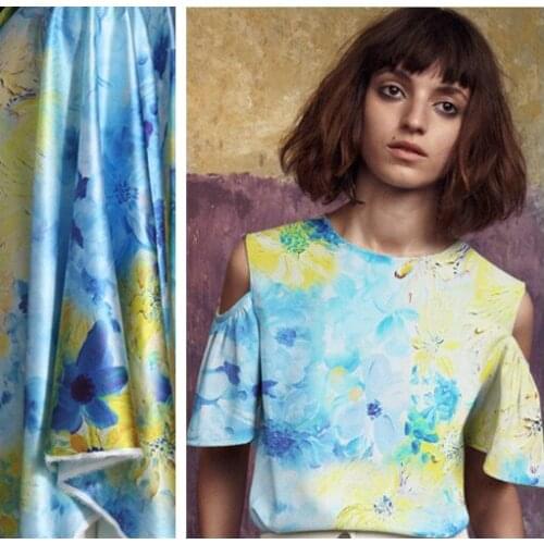 Free shipping! Ocean flower color digital inkjet stretch satin fabric really at wholesale high-grade silk clothing cloth