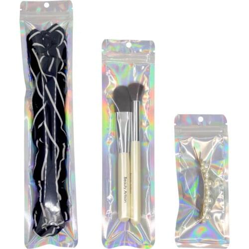 Long Style One Side Clear Holographic Ziplock Plastic Bag Retail Packaging Laser Silver Cosmetic Tools Zipper Bag With Hang Hook