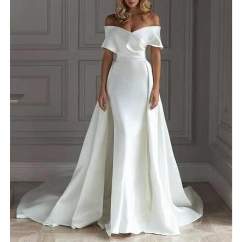 Elegant Satin Long Off Shoulder Mermaid Wedding Dresses with Detachabel Train Buttons Back Floor Length Bridal Gowns for Women