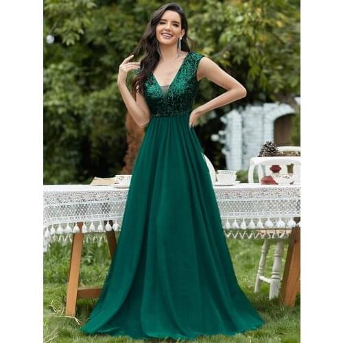 Womens A-Line V-Neck Sequin Dress Floor-Length Prom Dresses