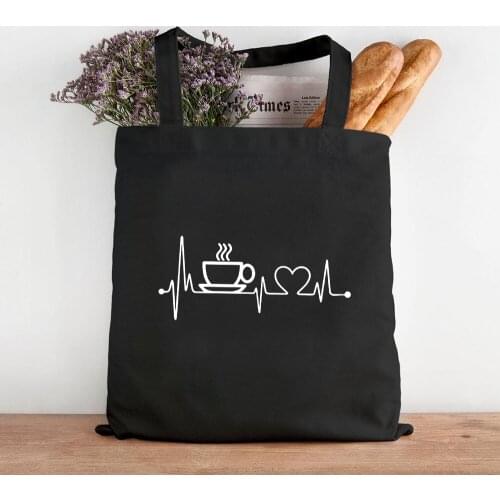 Black First Coffee Printing Canvas Shopping Bags Mom Life Women Shoulder Cloth Bags Reusable Shopper Teacher Student Book Bags