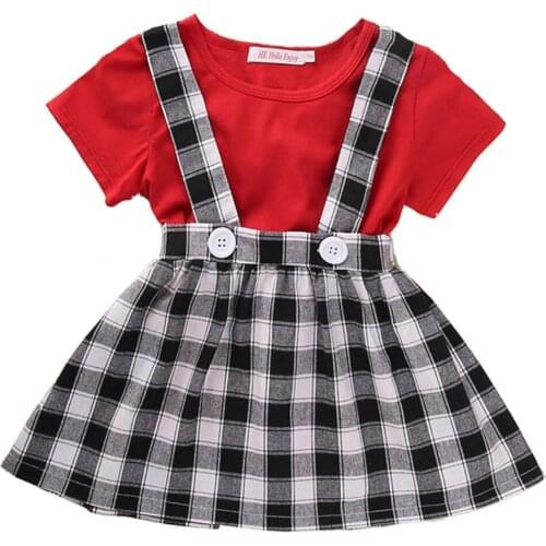 Princess Toddler Baby Girls Clothing Set Solid Red T Shirt Tops Plaid Suspender Tutu Skirt 2pcs Cute Outfit Suits Childrens Set