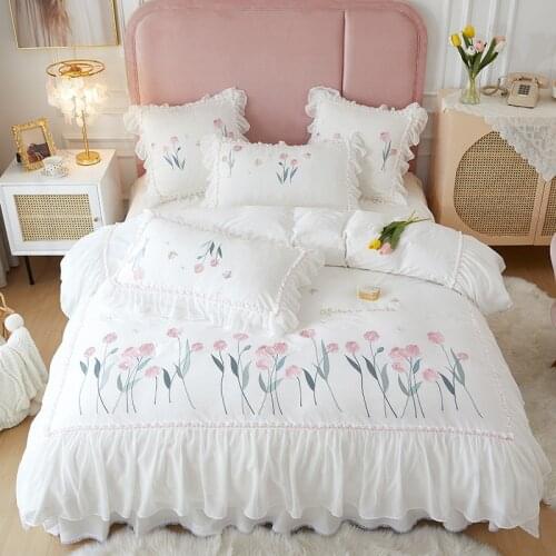 Tulip Princess Style Lace Embroidery Cotton Bedding Set Bed skirt Duvet Cover Set Bed Linen Pillowcase Fitted Sheet HomeTextile