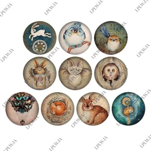 LPLWJA Retro Animals Bird Bat Mouse Rabbit Owl Pattern Round Glass Cabochon Flatback Base Tray Blank Making Jewelry Accessories