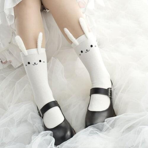Cute Lolita Stereo Rabbit Ears Short Socks Spring Autumn Kawaii Young Girl Black White Cartoon Cotton Middle Stockings Leg Socks