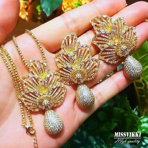 Missvikki 2PCS Luxury Bridal Wedding Gorgeous Sparkling Pendant Earrings Necklace Jewelry Set Super CZ New Fashion Jewelry