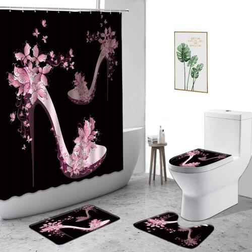 Fashion Pink High Heel Shower Curtain Sexy Red Lips Love Gift Girl Bathroom Decoration Curtains Set Non-Slip Carpet Toilet Cover