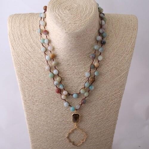 Fashion Long Knot Beads Amazonite Stones Bohemian Tribal Jewelry Crystal Flower of Life Pendant Necklace