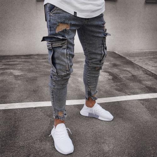 Mens Ripped Jeans Solid Color Middle Waist Long Pencil Pants Skinny Casual Trousers with Pockets Male Hip Hop Denim Pants