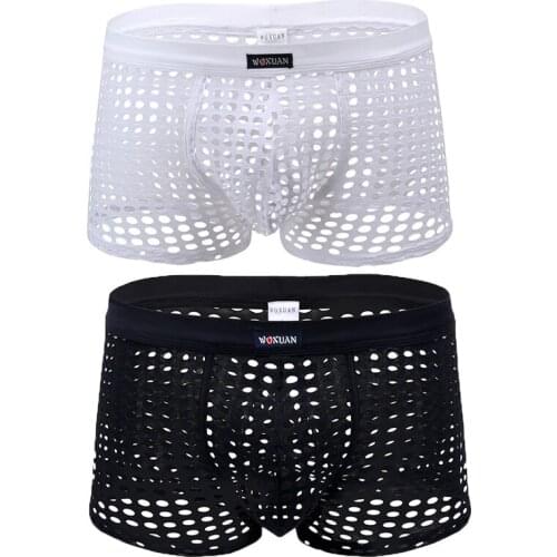 2PCS/Lots Men Boxer Shorts Mesh Fishnet Hollow Out Transparent Underwear Lingerie Panties Swimwear Boxershorts Underpants 3XL