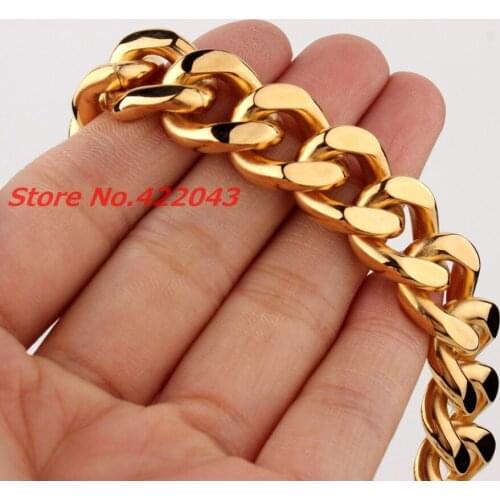 7-11" Charming Classic Curb Cuban Bangle 15mm Gold color 316L Stainless Steel Cowboy Chain Bracelet Jewelry For Mens Womens