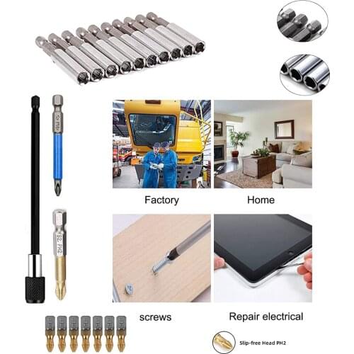 Screwdriver Bits Set Anti Slip PH2 Head 1/4 Hex Shank S2 High Grade Steel with Titanium Coating Holder Extension for Screwdriver