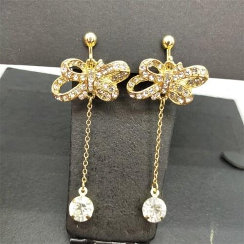 New retro baroque jewel-encrusted bowknot Han Guoer clip earrings with exaggerated eardrop female earrings long tassels