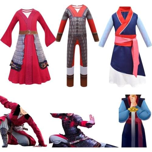 Mulan Clothes Movie Anime Character Jumpsuit Thanksgiving Purim Blue/red Girls Dress Carnival Halloween Cosplay Costume For Kids