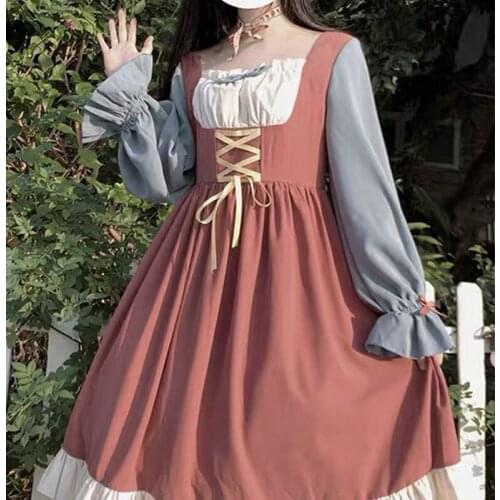 Aries Lolita Dresses Japanese Classic Style Lantern Sleeve Splicing High Waist Lacing Slim Princess Bubble Dress Plus Size 2021
