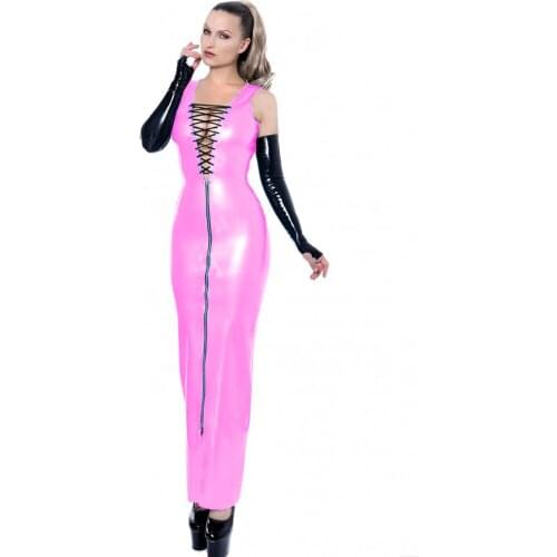 24 Colors Gothic Sleeveless PVC Long Dress Women Wet Look Lace Up Zipper Skinny Dress Novelty Nightclub Performance Costume