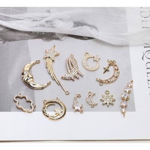High Quality Star Moon Meteors Inlaid Zircon Copper Charms Pendant 10pcs/lot For DIY Jewelry Earrings Finding Accessories