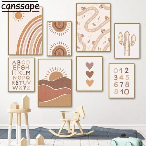 Rainbow Sun Painting Alphabet Canvas Poster Boho Nursery Wall Art Picture Car Print Nordic Posters And Prints Baby Bedroom Decor