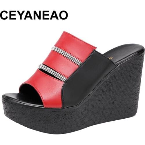CEYANEAOSmall Plus Size 32-43 Extreme High Heels Slippers Summer 2021 Rhinestone 11cm Heel Platform Wedges Slides for Office Par