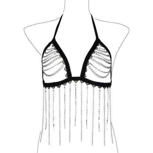 Sling Rhinestone Silver Chain Black Lace Halter Bra Women Fashion New Nightclub Sexy Backless Body Chain Jewelry Accessories