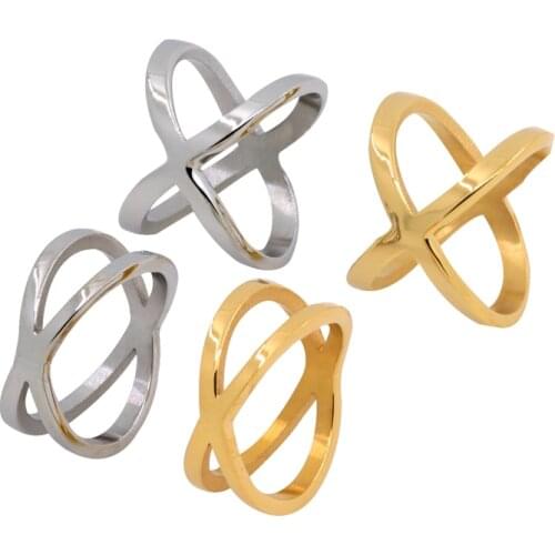 Unique Designer Stainless Steel X Cross Shape Woman Wedding Party Bands Classical Gold Colour Cocktail Rings For Women Jewellery