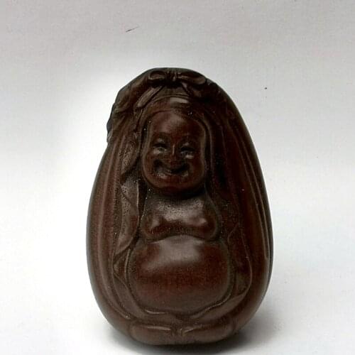 YIZHU CULTUER ART Collection China Old Boxwood Hand Carved Money Bag Maitreya Buddha Decoration