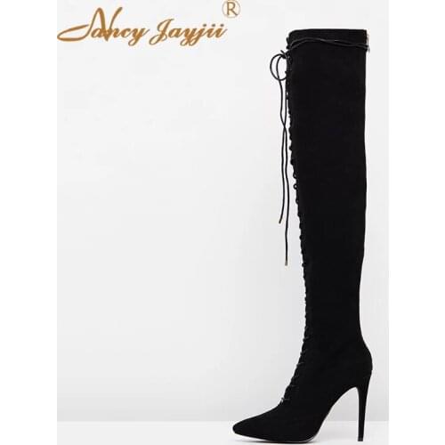 Suede Women Shoes Adult lady Black Boots Over-the-knee Zipper Super High Thin heel Pointed Toe Winter Solid Mature Fashion 2019