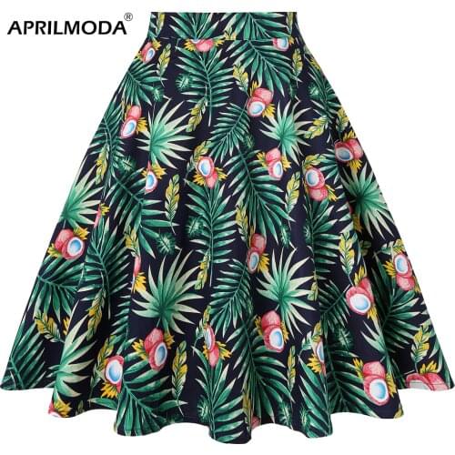 Coconut Green Women Casual Skirt High Waist Cotton Aline Pleated Knee Length Retro Vintage Pinup Swing Rockabilly Skirts Skater